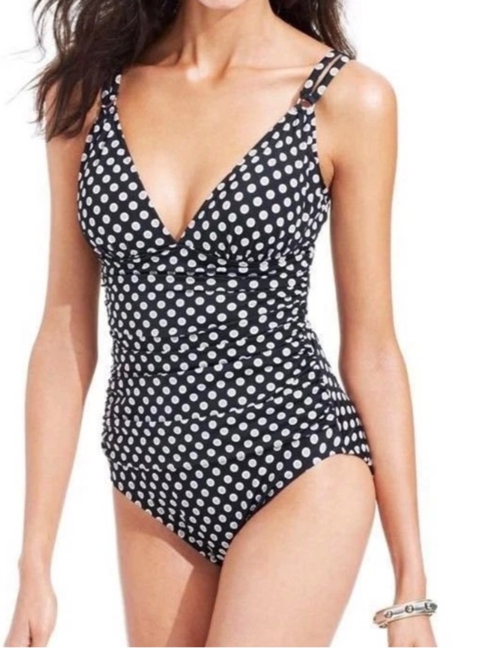 Black Polka Dot Ruched Tummy Control One Piece Swimsuit